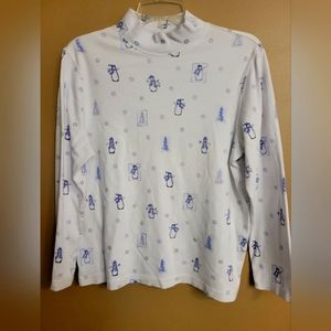 3/$20 Ladies mock neck white with light blue snowman designs, Petite Large